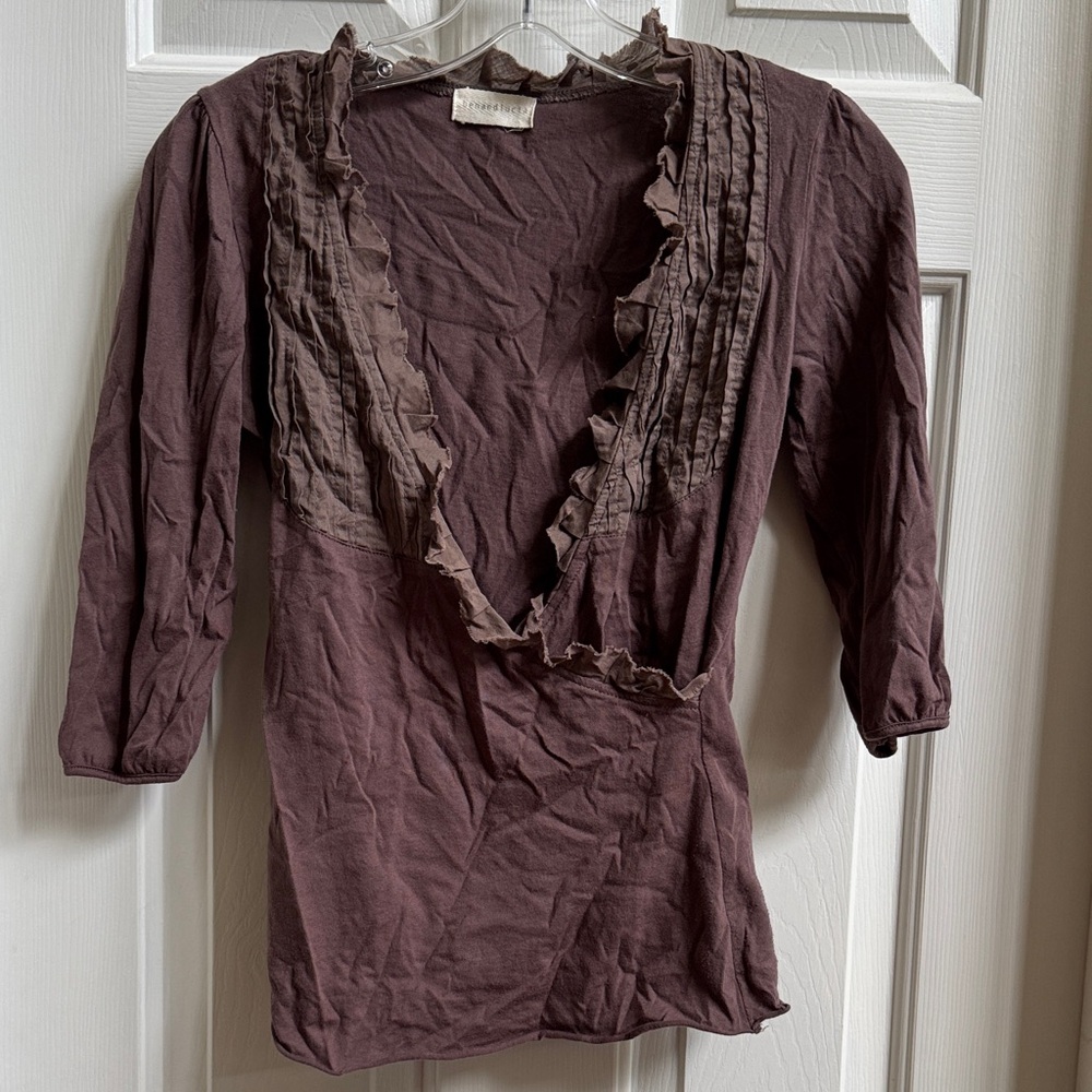 Source Unknown Ruffled V-Neck Blouse - Brown - image 1